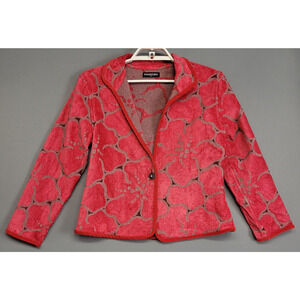 Khangura Jacket Womens Small Red Floral Jacquard Single Button Textured Blazer
